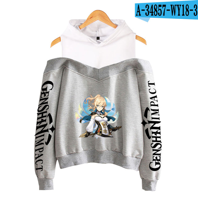 Genshin Impact Hoodies Women's Off-shoulder Hoodie Sweatshirt Autumn Winter Hoodie Harajuku Cartoon Xiao Off-shoulder Sweatshirt