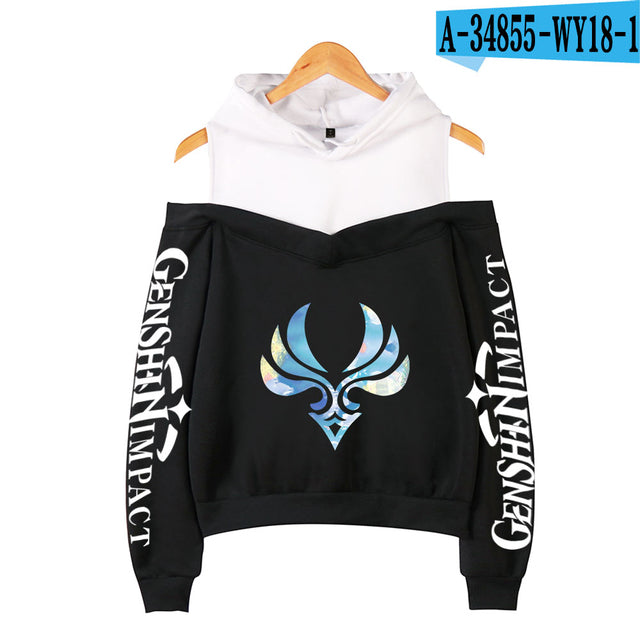 Genshin Impact Hoodies Women's Off-shoulder Hoodie Sweatshirt Autumn Winter Hoodie Harajuku Cartoon Xiao Off-shoulder Sweatshirt
