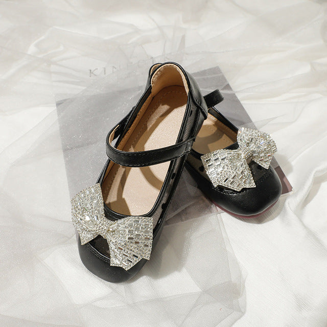 Girls Mary Jane 2022 Spring Fashion Dress Rowtie Princess Shoes Baby Shoes Kids Flats Dance Brand Rhinestone Glitter Soft Sole