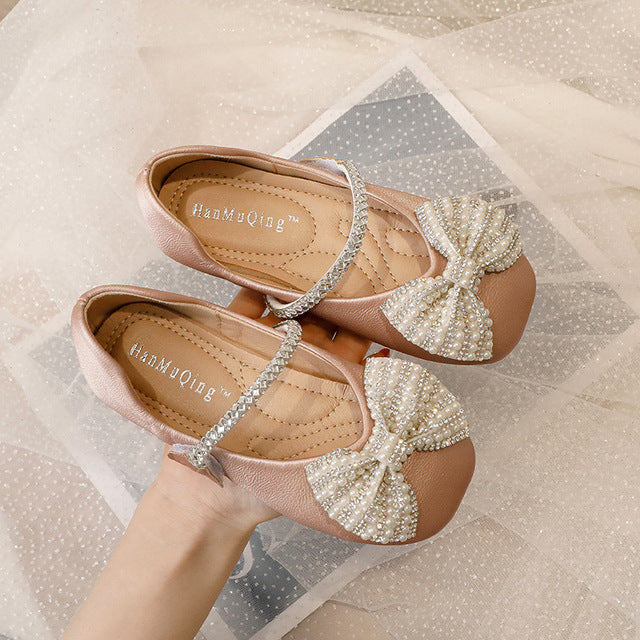 Girls Mary Jane 2022 Spring Fashion Dress Rowtie Princess Shoes Baby Shoes Kids Flats Dance Brand Rhinestone Glitter Soft Sole