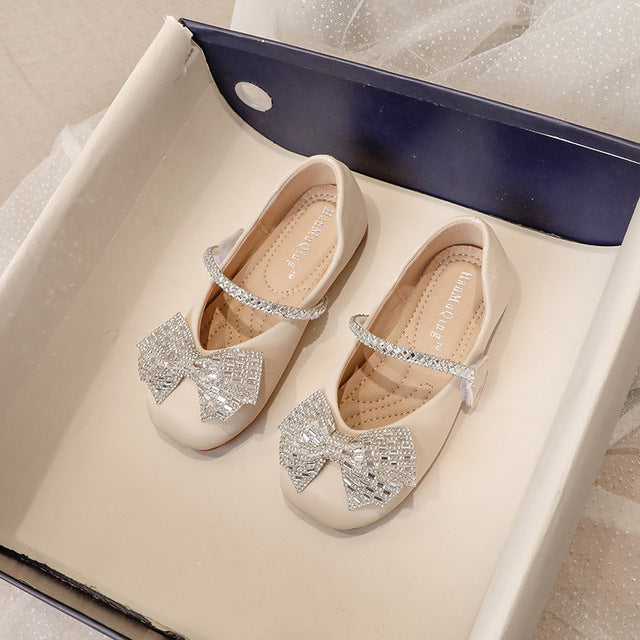 Girls Mary Jane 2022 Spring Fashion Dress Rowtie Princess Shoes Baby Shoes Kids Flats Dance Brand Rhinestone Glitter Soft Sole