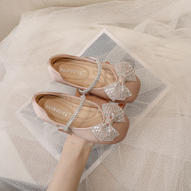 Girls Mary Jane 2022 Spring Fashion Dress Rowtie Princess Shoes Baby Shoes Kids Flats Dance Brand Rhinestone Glitter Soft Sole