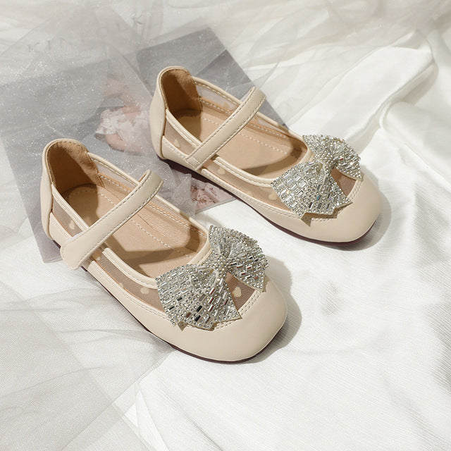 Girls Mary Jane 2022 Spring Fashion Dress Rowtie Princess Shoes Baby Shoes Kids Flats Dance Brand Rhinestone Glitter Soft Sole
