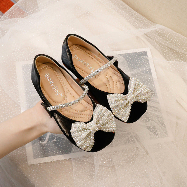Girls Mary Jane 2022 Spring Fashion Dress Rowtie Princess Shoes Baby Shoes Kids Flats Dance Brand Rhinestone Glitter Soft Sole