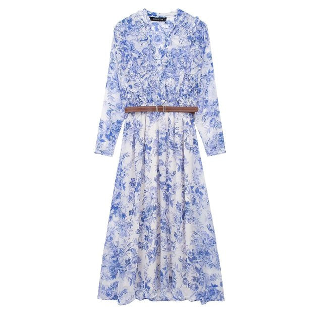 HH TRAF Women Floral Printed V-neck Long Dress Spring Elegant Pleated Chiffon Dresses with Belt Female Long Sleeve Midi Dress