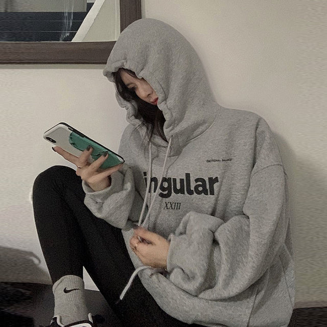 Letter Printed Aesthetic Thicker with Hat Hoodies Women New Pullovers Loose Tops Korean Style Streetwear Trendy Chic All-match