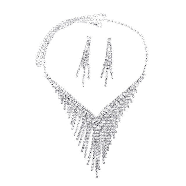 Luxury Crystal Tassel Bride Jewelry Set Rhinestone V Shape Silver-plated Wedding Dress Banquet Necklace Earring Set Ladies Gift