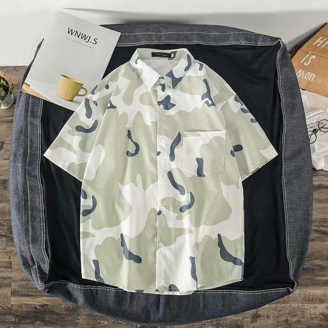 Men Camoflouge Harajuku Hawaiian Shirts Short Sleeve 2020 Summer Korean Streetwear Blouses Camo Cotton Button Up Shirt M-3XL