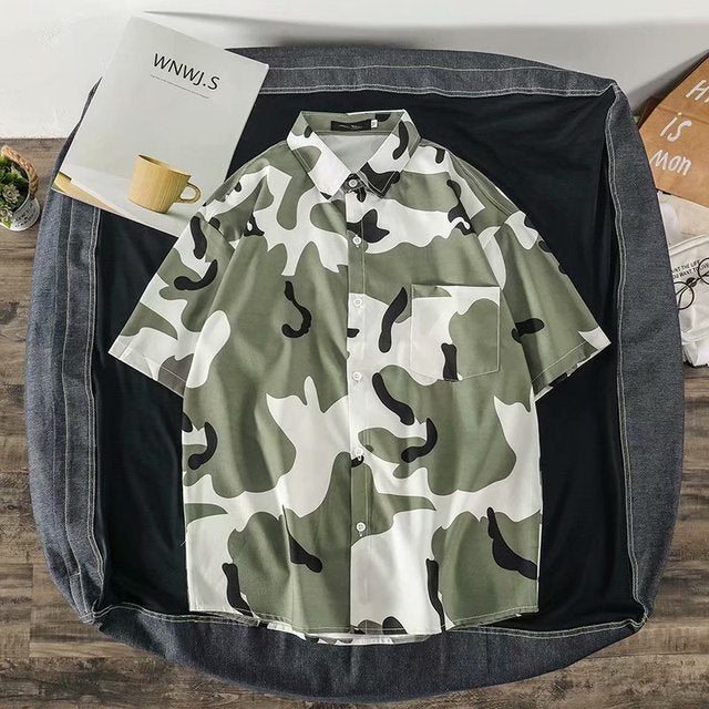 Men Camoflouge Harajuku Hawaiian Shirts Short Sleeve 2020 Summer Korean Streetwear Blouses Camo Cotton Button Up Shirt M-3XL