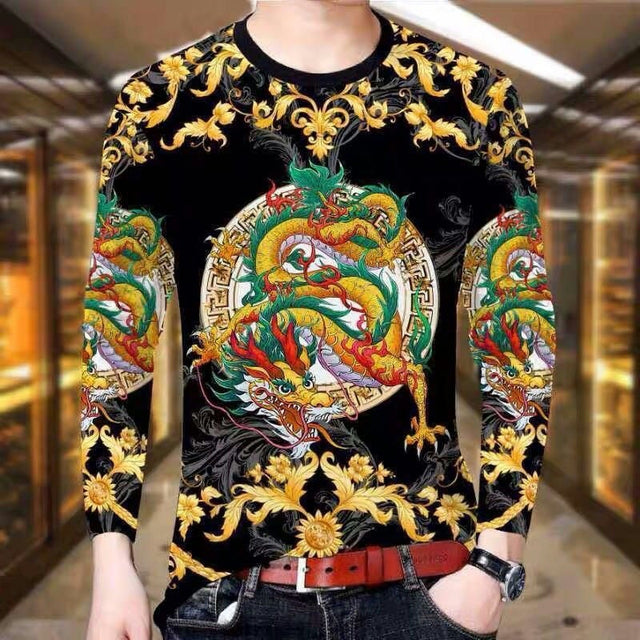 Men's Dragon Tiger T Shirt Casual 3D Printed Long Sleeve Magic Animal Graphic Top Tees High Street Pattern Tops Men Hip Hop Tee