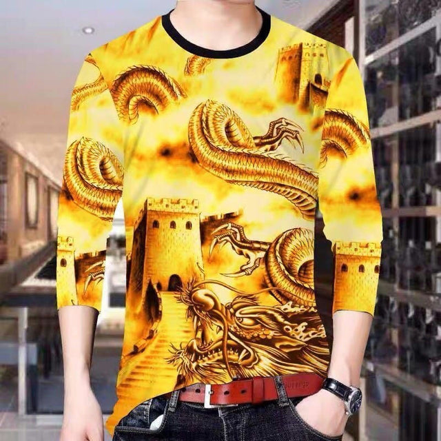 Men's Dragon Tiger T Shirt Casual 3D Printed Long Sleeve Magic Animal Graphic Top Tees High Street Pattern Tops Men Hip Hop Tee