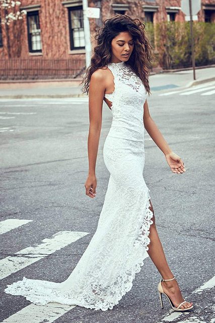 Mermaid high neck bridal wedding dress, lace sleeveless prom dress, lower skirt slit, tail, women's dress