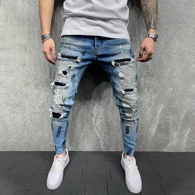 New Fashion Design Hole Slim Jeans Men's Paint Ripped Stitching Skinny Denim Pants Casual Hollow Out Zipper Denim Trousers