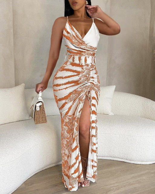 Nuovo vestito con cinturino da donna primavera estate 2023 moda Casual stampa con scollo a v cinturino Slim Fit Sexy con coulisse divisa vestito con cinturino da donna