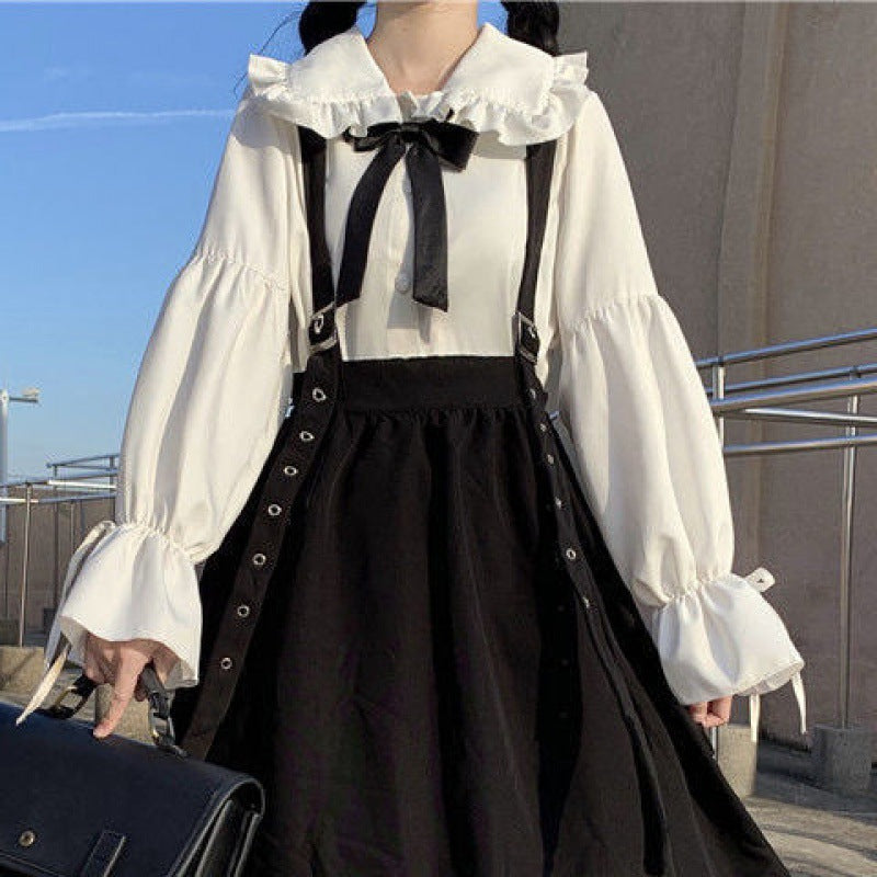 Korean Style Loose French Style College Style Slip Skirt Women's Mid-length Student Strap Dress + Long Sleeve Shirt Set