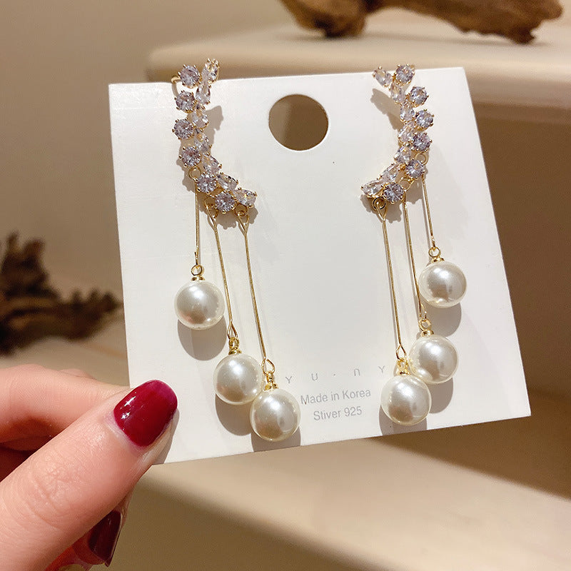 New flash diamond earrings women's ear clip shaking sound net red temperament tassel long pearl earrings factory goods