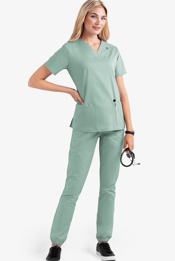 2023 European and American new style solid color pocket V-neck nursing work uniform nurse clothes two-piece suit women's short sleeve