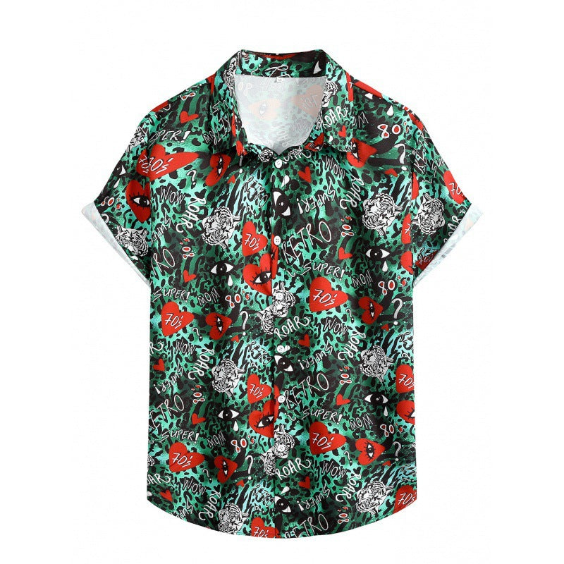 2023 Foreign Trade AliExpress Summer New Men's Loose Printed Large Size Fashionable Casual Beach Style Short Sleeve Shirt