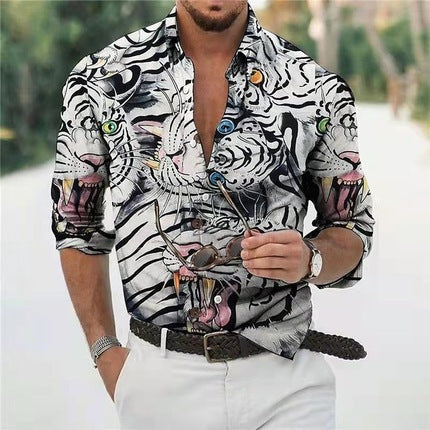 2023 cross-border foreign trade Men's spring and autumn lapel 3D printing youth casual long sleeve shirt European and American style men's shirt