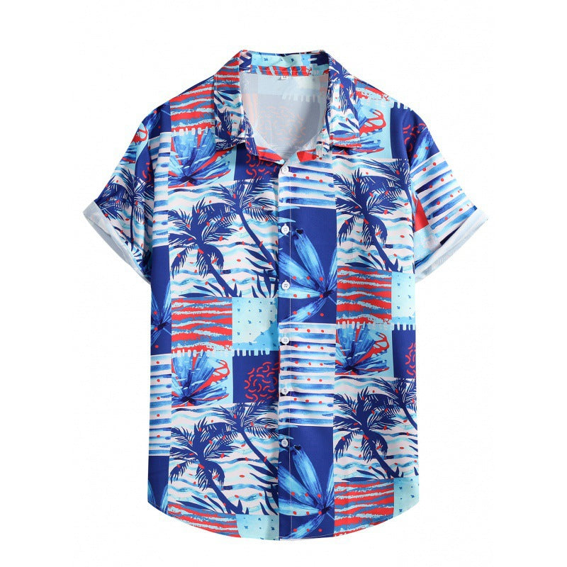 2023 Foreign Trade AliExpress Summer New Men's Loose Printed Large Size Fashionable Casual Beach Style Short Sleeve Shirt