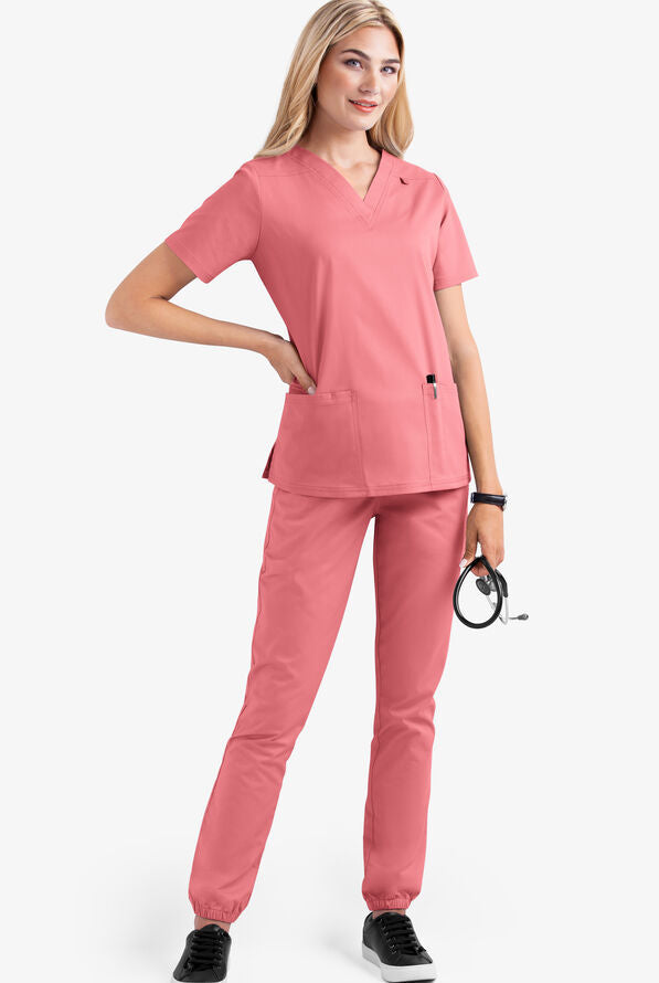 2023 European and American new style solid color pocket V-neck nursing work uniform nurse clothes two-piece suit women's short sleeve