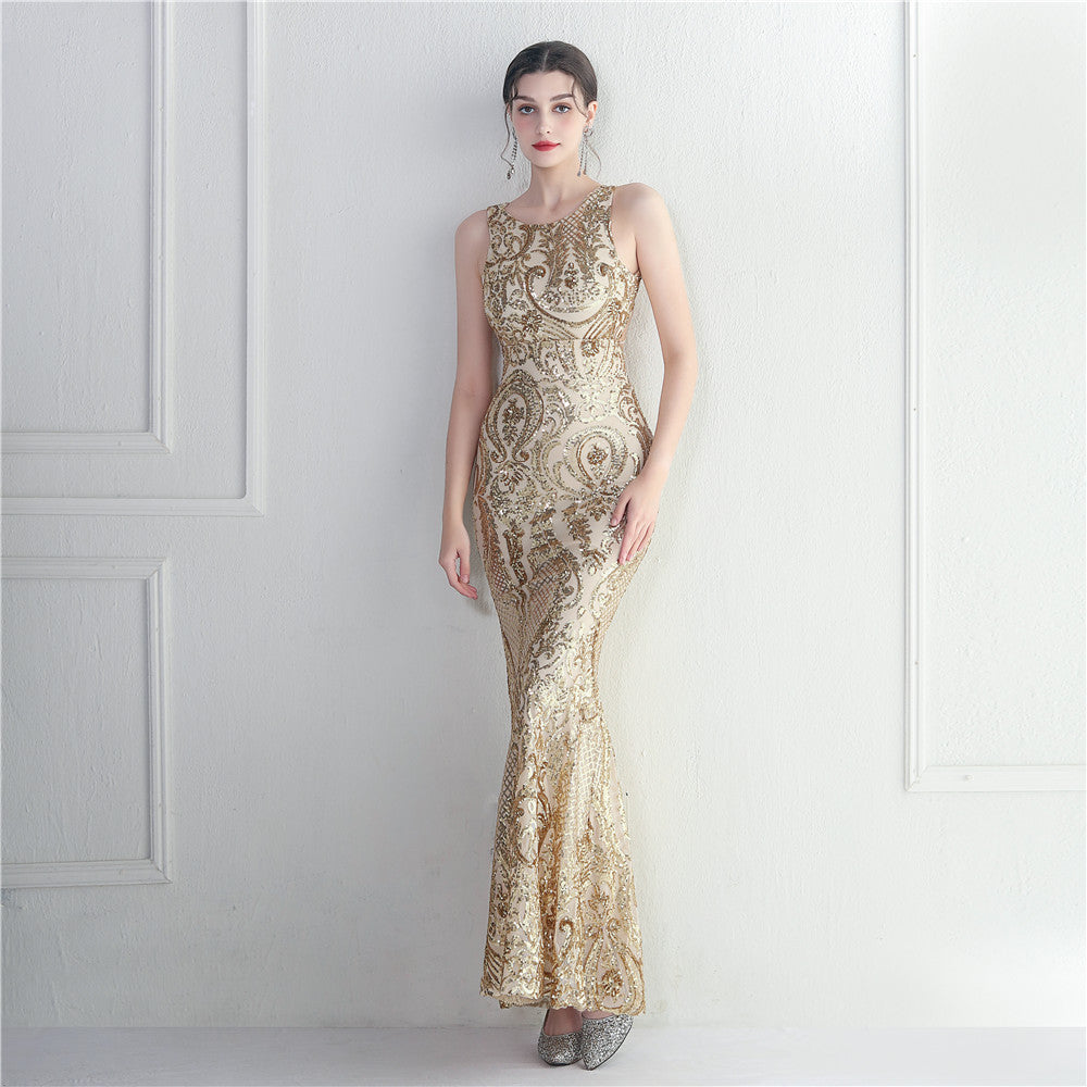 19920# Big Backless Bead Craft Sequin Embroidery Stage Concert Car Model Banquet Wedding Long Evening Dress