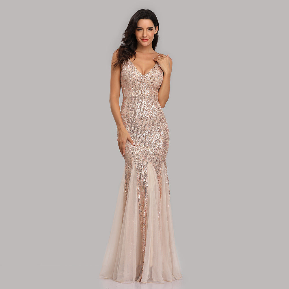 2024 Sequin Stitching Mesh Mermaid Plus Size Evening Gown Double V Neck Sleeveless Hot Selling Bridesmaid Elastic Gown