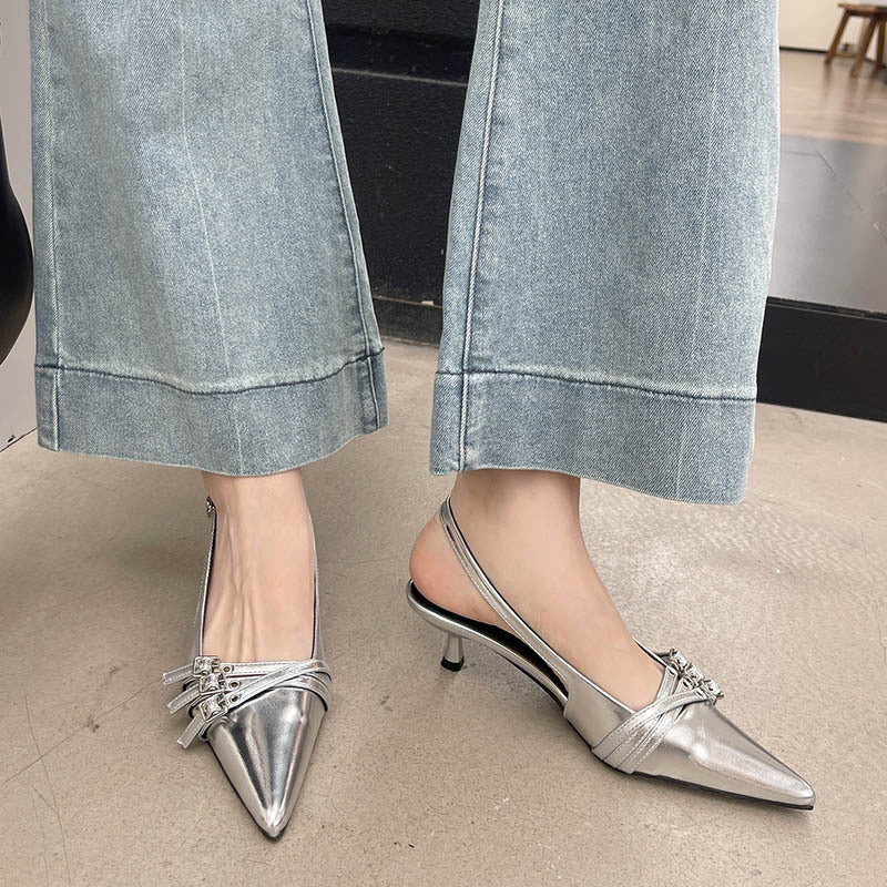 heels one-strap high heel shoes 2024 spring new fashion patent leather women's shoes pointed toe belt buckle stiletto heel sandals