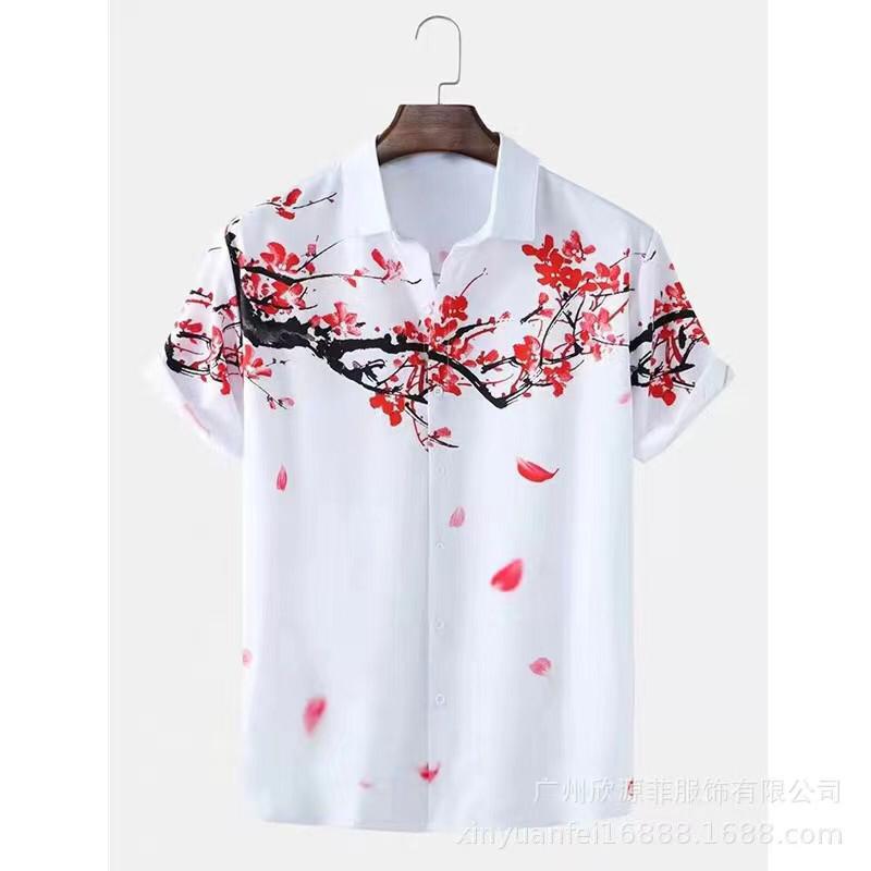 Cross-border 2023 new men's shirt 3D digital printing short sleeve lapel striped shirt men's short cardigan top