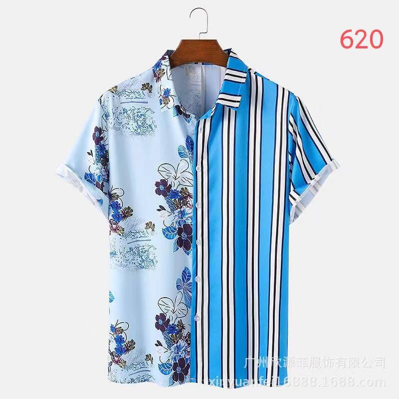 Cross-border 2023 new men's shirt 3D digital printing short sleeve lapel striped shirt men's short cardigan top