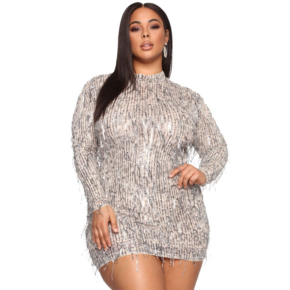European and American Women's New High Elastic Sequin Dress wish Hot Selling Tassel Dress Large Size Dress