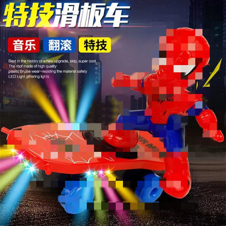 Cross-border Spider skateboard man stunt car with lights and music universal electric toy car fell up toys