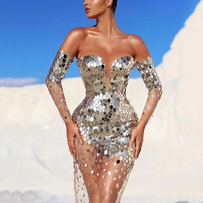 Summer New Cross-border European and American Women's Dress Sequin off-shoulder Sexy Mesh Perspective Long Evening Dress