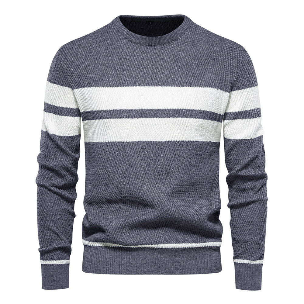 In stock autumn and winter men's casual striped men's sweater pullover color matching round neck men's European size sweater