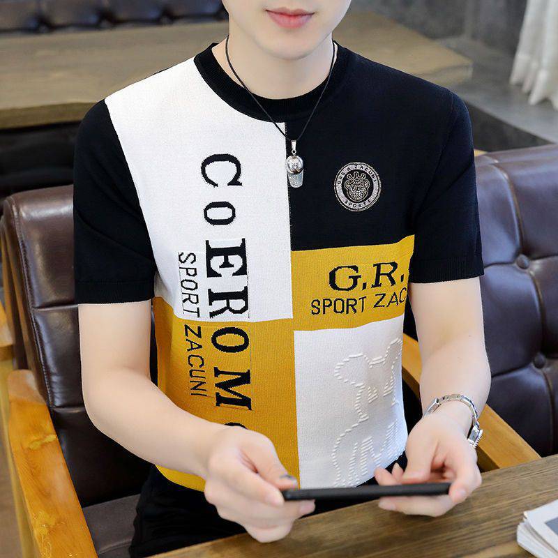 Men's Knitted Crewneck Ice Silk Short-sleeved T-shirt Summer Korean Style Fashion Plaid Knitted Trendy Half-sleeved Slim-fit T-shirt for Men