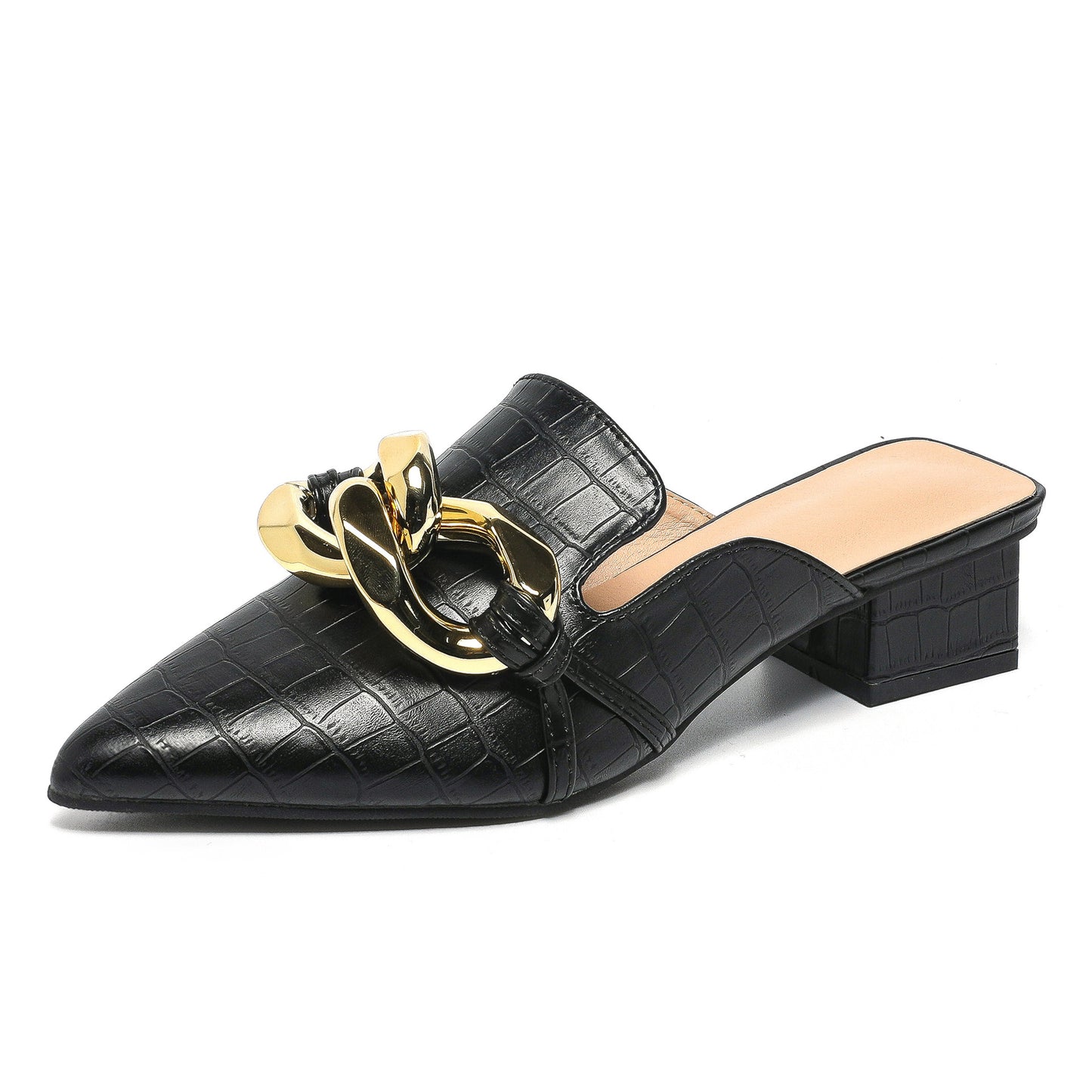 Baotou Half Slippers Women's 2023 Summer New European and American Cross-border All-match Pointed Toe Shallow Mouth Metal Buckle Flat Shoes