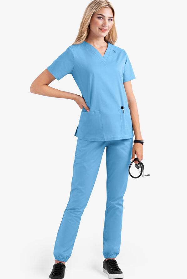 2023 European and American new style solid color pocket V-neck nursing work uniform nurse clothes two-piece suit women's short sleeve