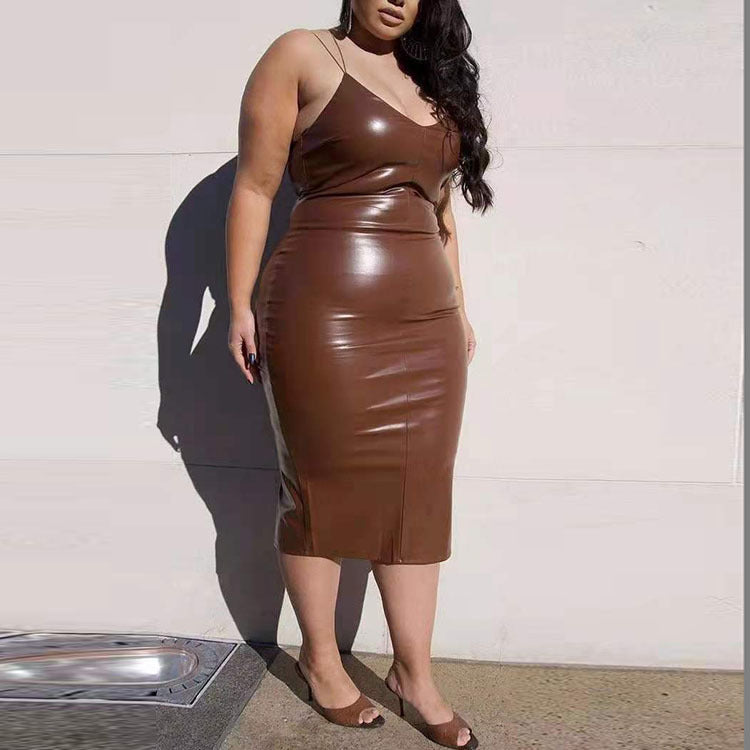 9930 Europe and the United States cross-border large size women's clothing autumn and winter fashion fattening increase temperament commuter leather suspender dress