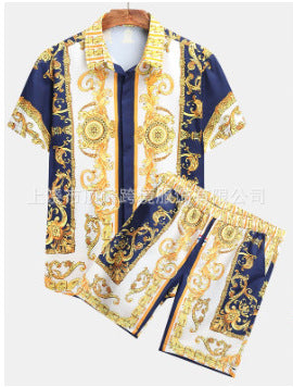 Foreign trade 2024 Summer new European and American plus size men's short sleeve court retro digital printing shirt shorts suit