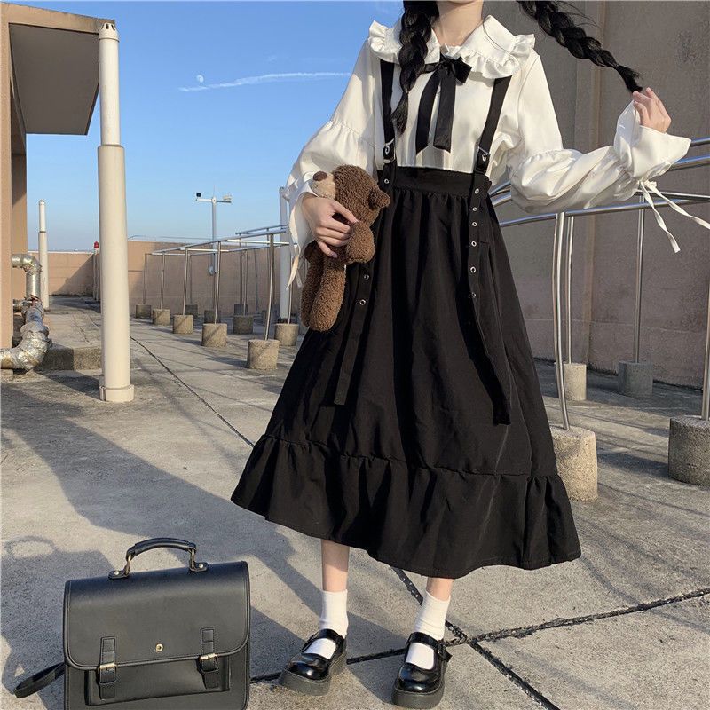 Korean Style Loose French Style College Style Slip Skirt Women's Mid-length Student Strap Dress + Long Sleeve Shirt Set