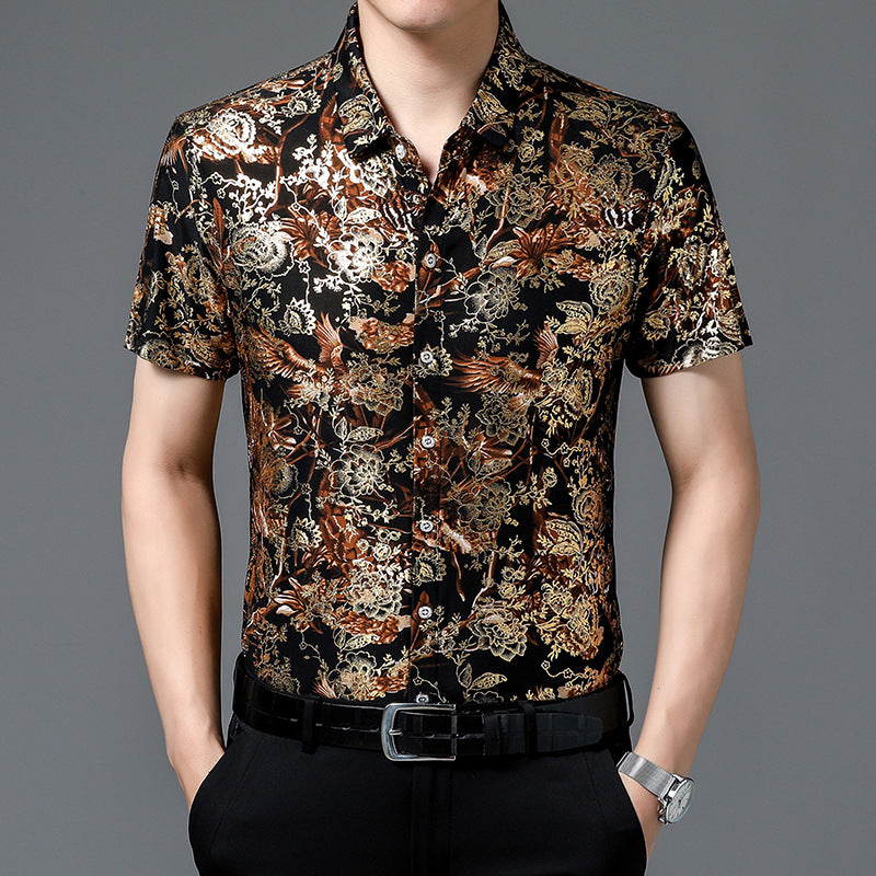 Men's Short-sleeved Shirt Summer Fashion Casual Bronzing Short Flower Shirt Floral Non-ironing Men's Half-sleeved Fashion Short T
