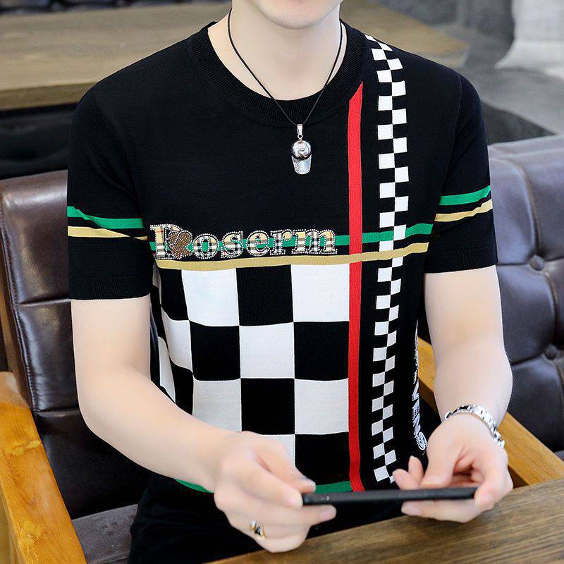Men's Knitted Crewneck Ice Silk Short-sleeved T-shirt Summer Korean Style Fashion Plaid Knitted Trendy Half-sleeved Slim-fit T-shirt for Men