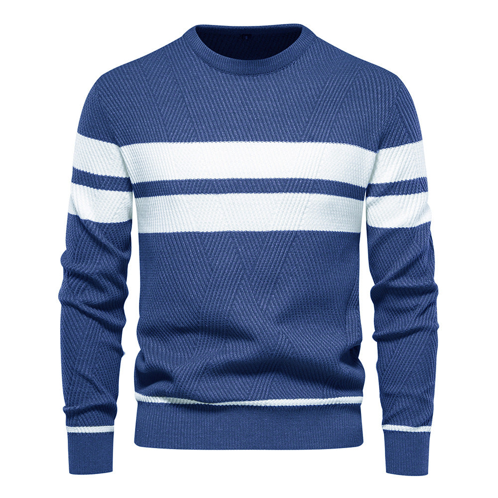 In stock autumn and winter men's casual striped men's sweater pullover color matching round neck men's European size sweater