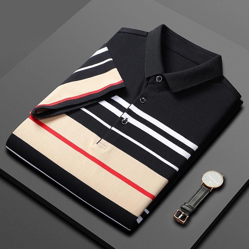 Pure Cotton Striped POLO Shirt Men's Light Business T-shirt Short-sleeved Men's POLO Stretch Patchwork Lapel Golf T-shirt