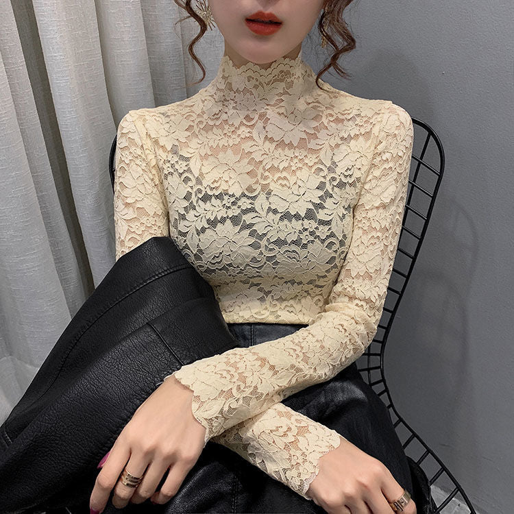 Lace Base Shirt Women's Four Seasons All-match High Collar Western Style Small Shirt Women's Top with Fake Neck Inner Vest Long Sleeve