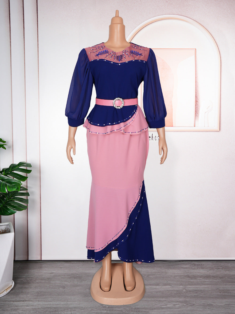 African plus size women's clothing hot sale temperament commuter contrast color two-piece hot rhinestone dress