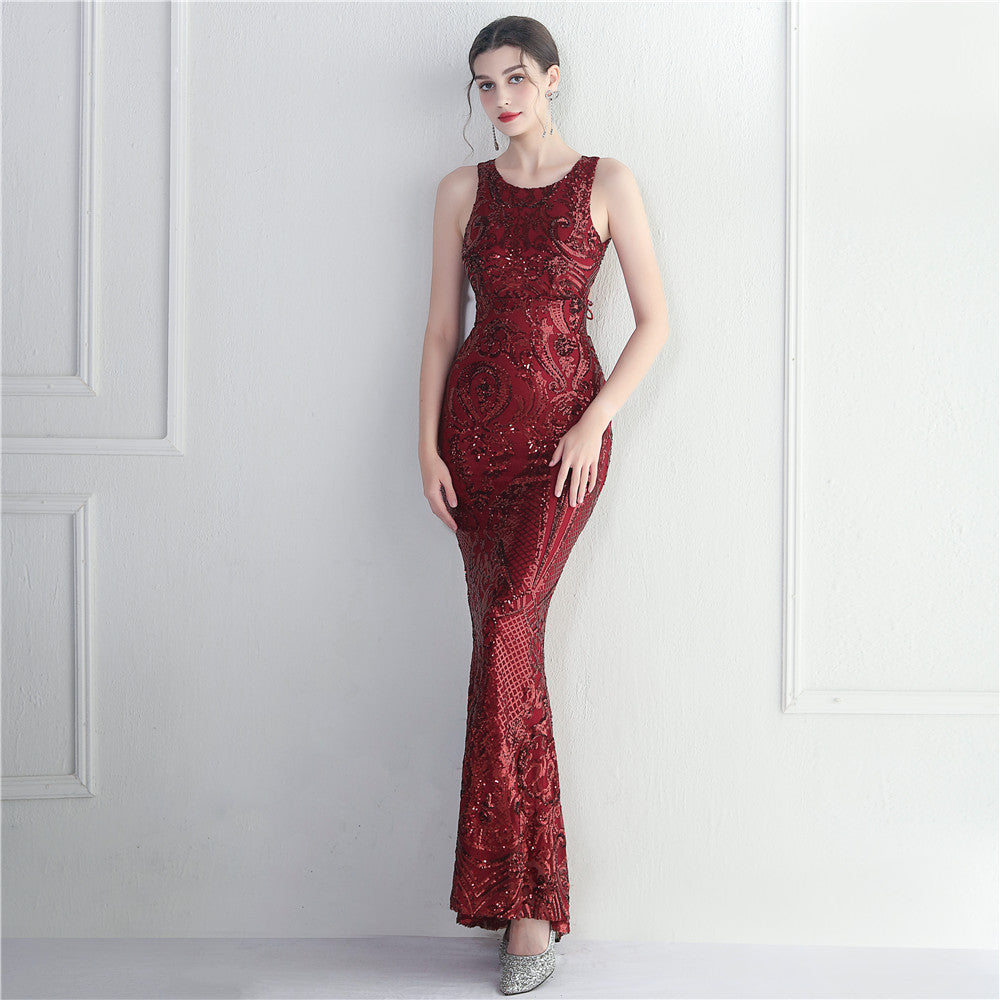 19920# Big Backless Bead Craft Sequin Embroidery Stage Concert Car Model Banquet Wedding Long Evening Dress