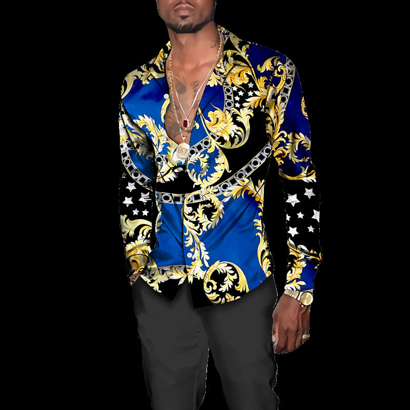 2023 cross-border foreign trade Men's spring and autumn lapel 3D printing youth casual long sleeve shirt European and American style men's shirt