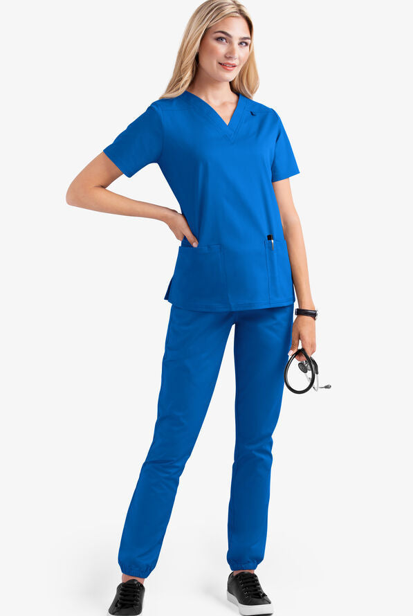 2023 European and American new style solid color pocket V-neck nursing work uniform nurse clothes two-piece suit women's short sleeve