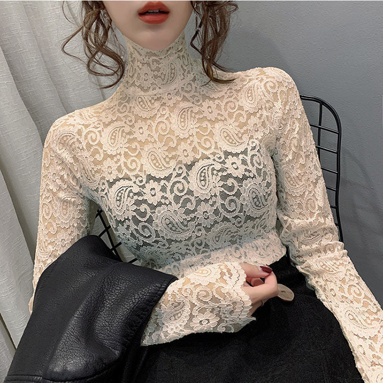 Lace Base Shirt Women's Four Seasons All-match High Collar Western Style Small Shirt Women's Top with Fake Neck Inner Vest Long Sleeve